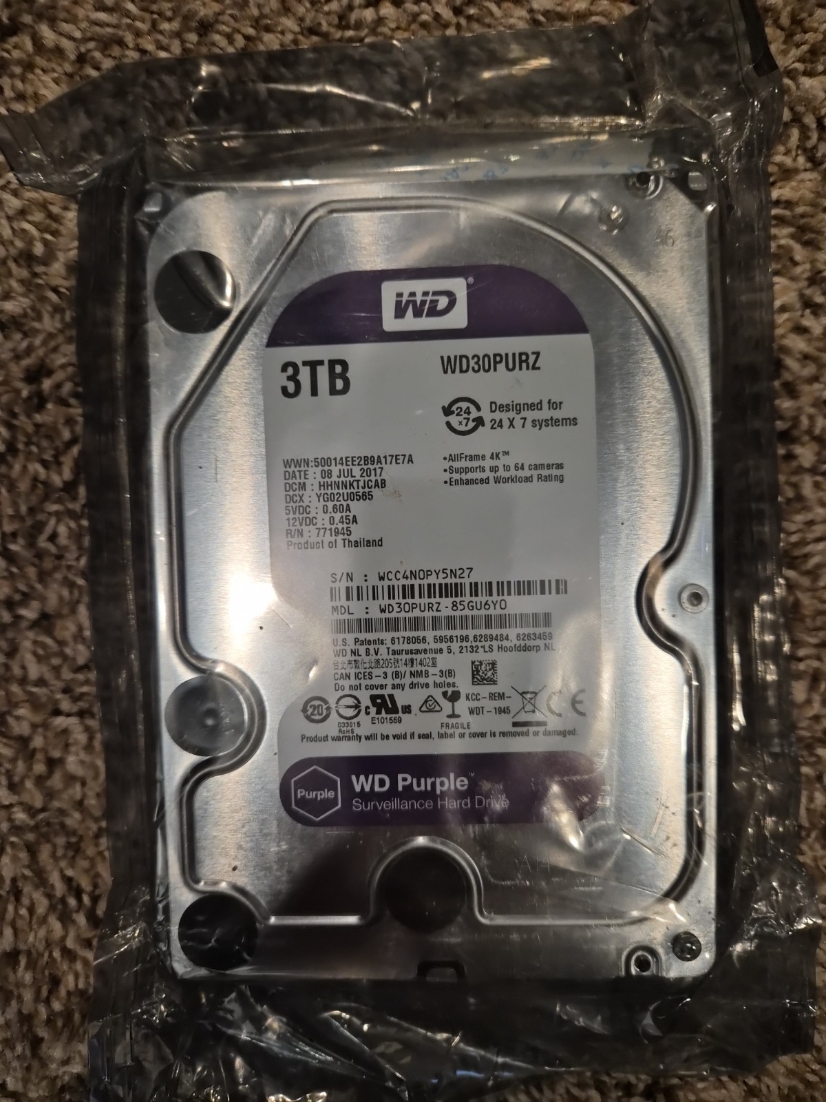 Western Digital Purple 3TB Internal 3.5" (WD30PURZ) HDD