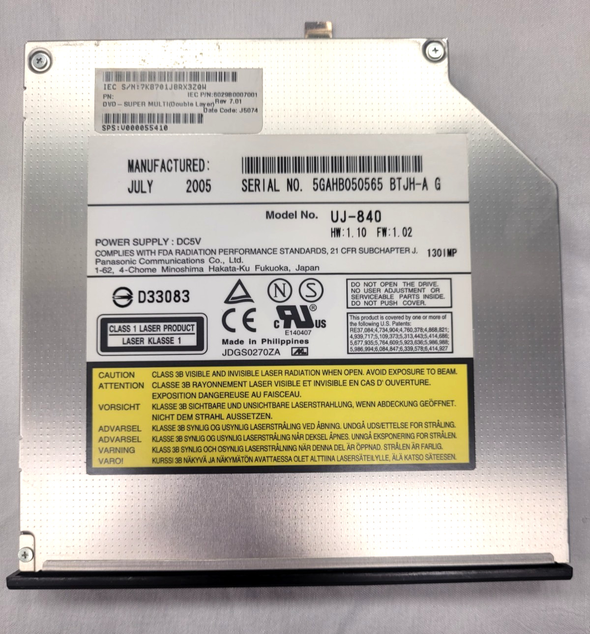 Panasonic UJ-840 DVD RW DL Laptop Optical Drive Slim IDE