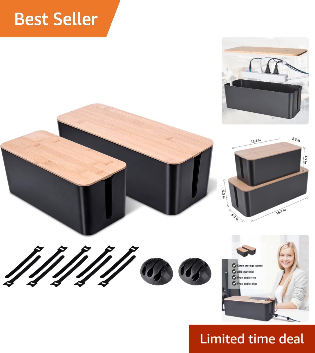 2 Pack Elegant Wooden Style Cable Management Box - ABS Safe Home Organizer