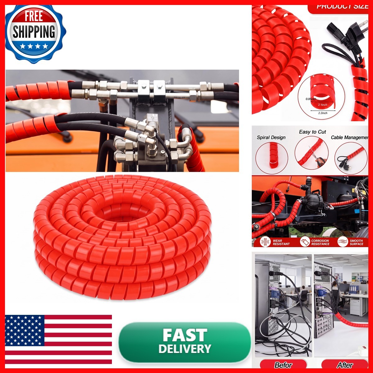 Pangda 25Ft Hydraulic Hose Protector 2 Inch Spiral Wrap Cover - Red