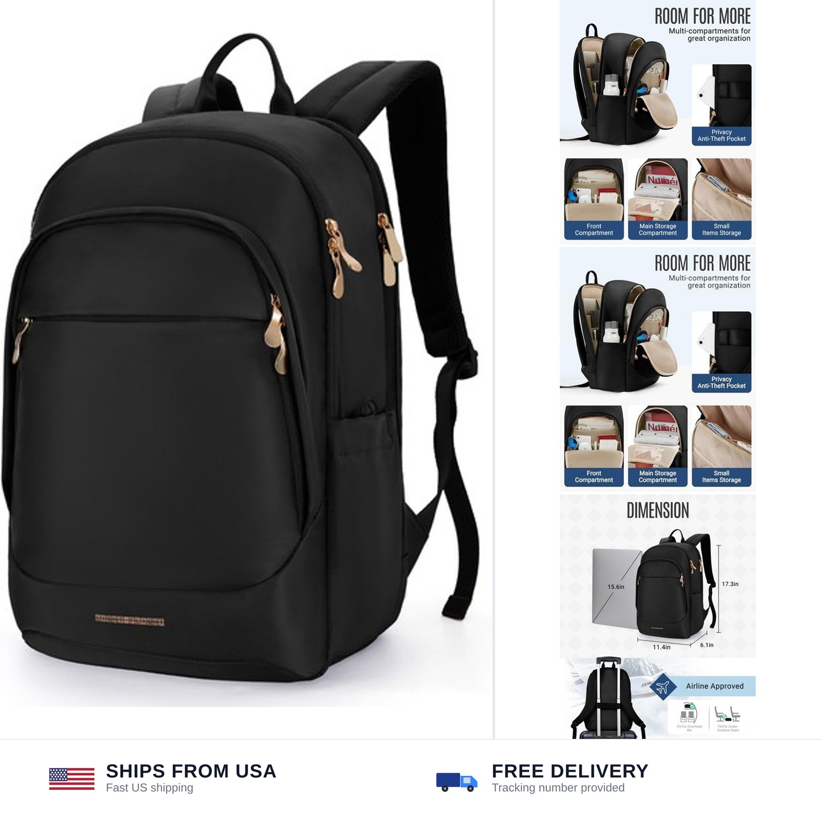 LIGHT FLIGHT Travel Backpack for Women, 15.6 Inch, Black | Laptop Backpack, U...