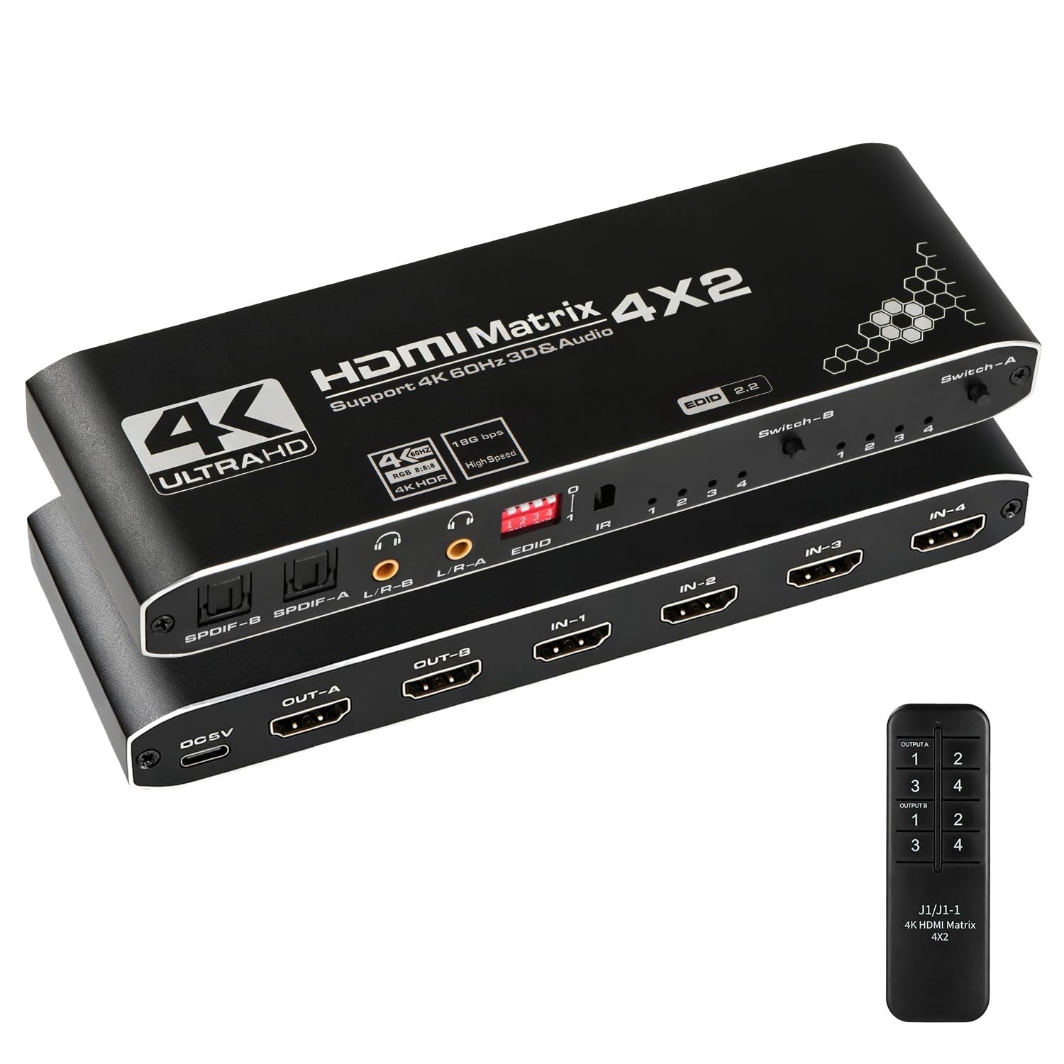 HDMI Matrix 4 in 2 Out, 4K HDMI Matrix Switch 4x2 Switcher Splitter Box with ...