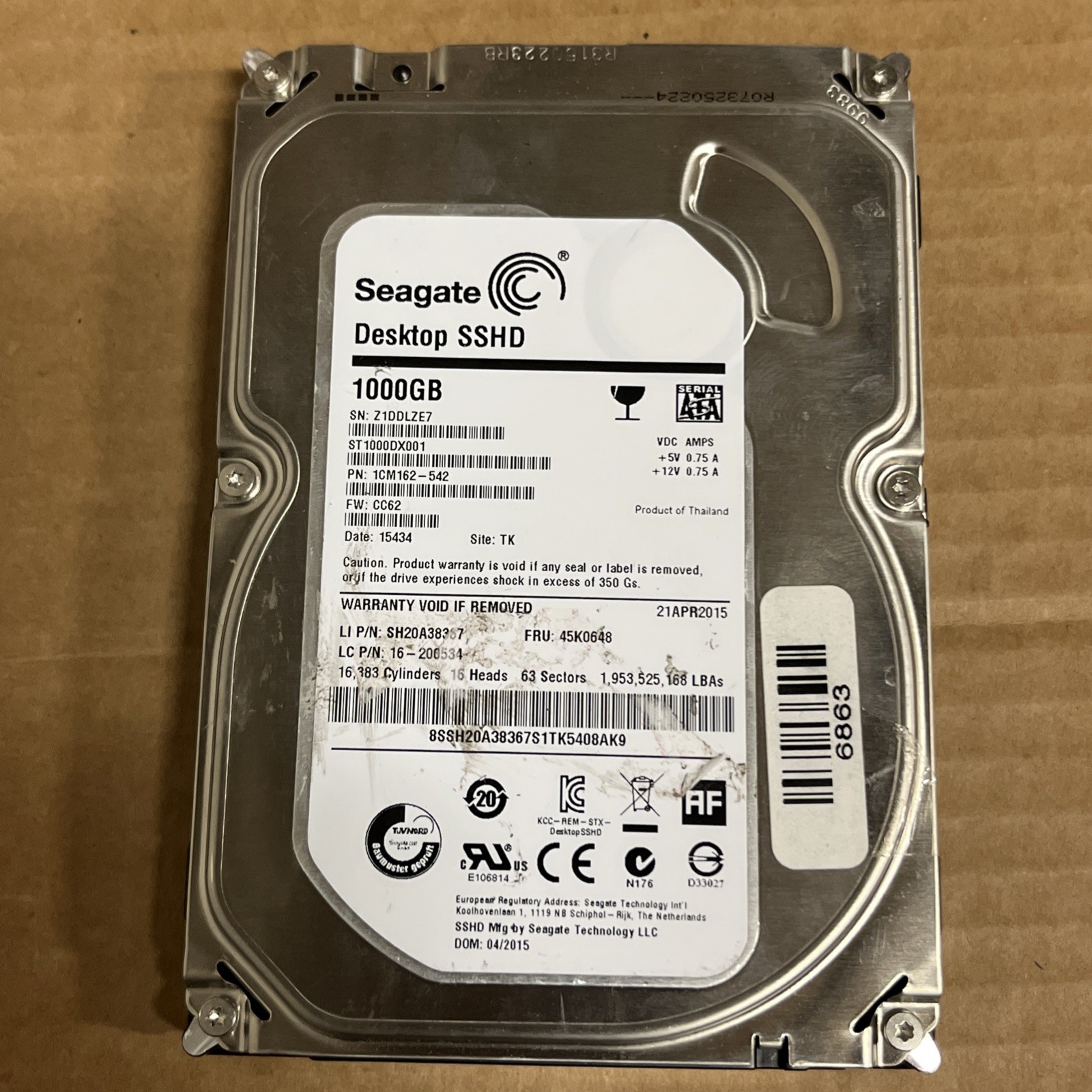 SEAGATE ST1000DX001 1TB SATA 3.5” SSHD HARD DRIVE P/N:1CM162-542 F/W:CC62