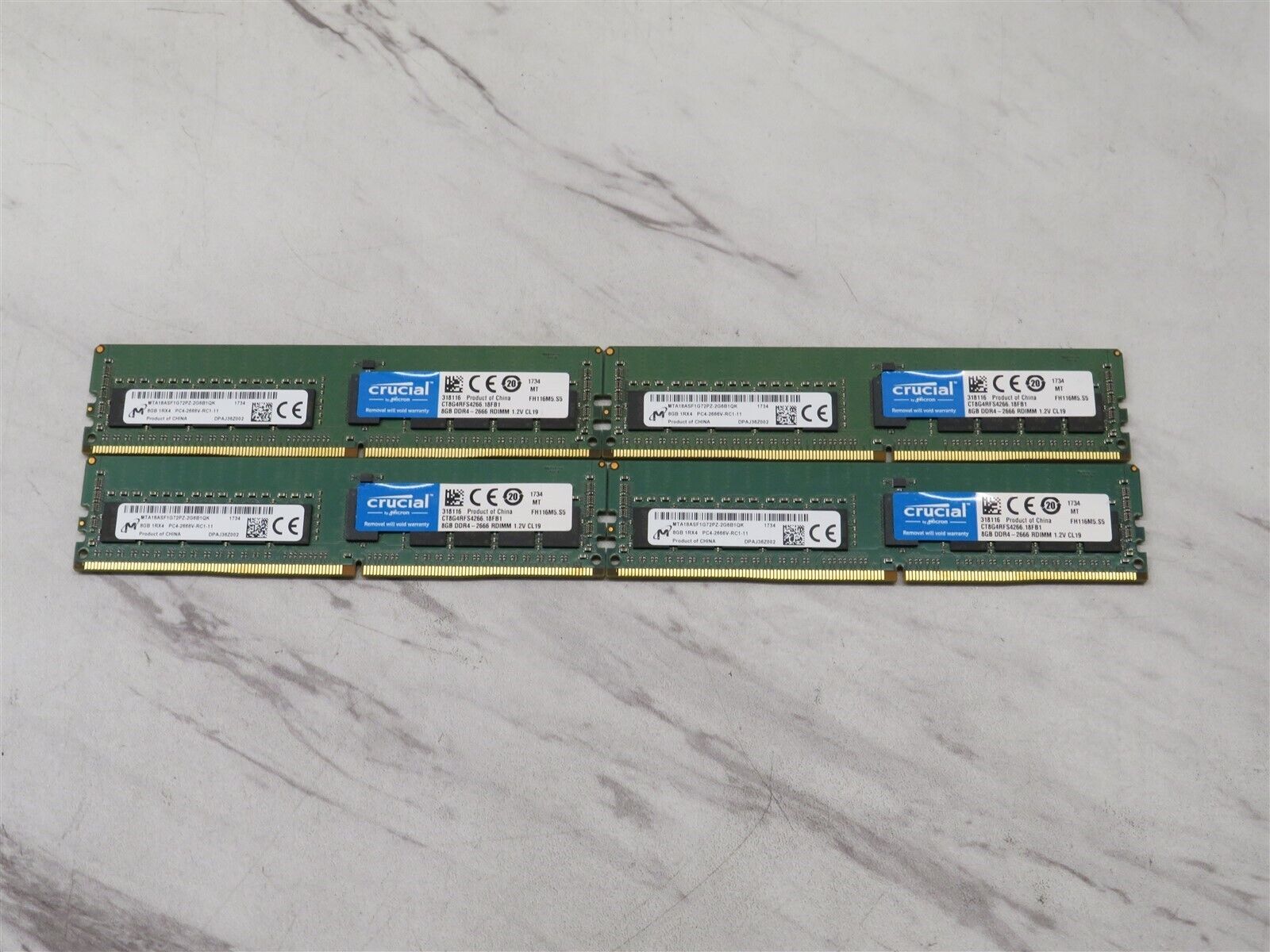 LOT OF 4 CRUCIAL MICRON 8GB 1RX4 PC4-2666V-RC1-11 DIMM DDR4-2666 MEMORY 