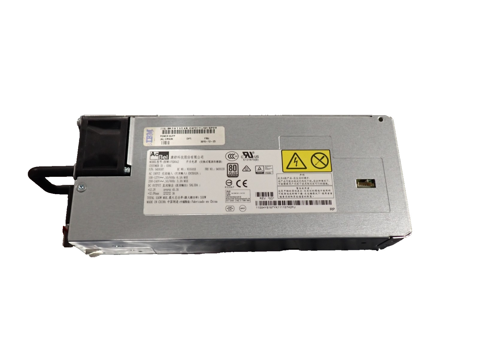 IBM AcBel 94Y8139 550W High Efficiency Platinum AC Power Supply Module 94Y8187