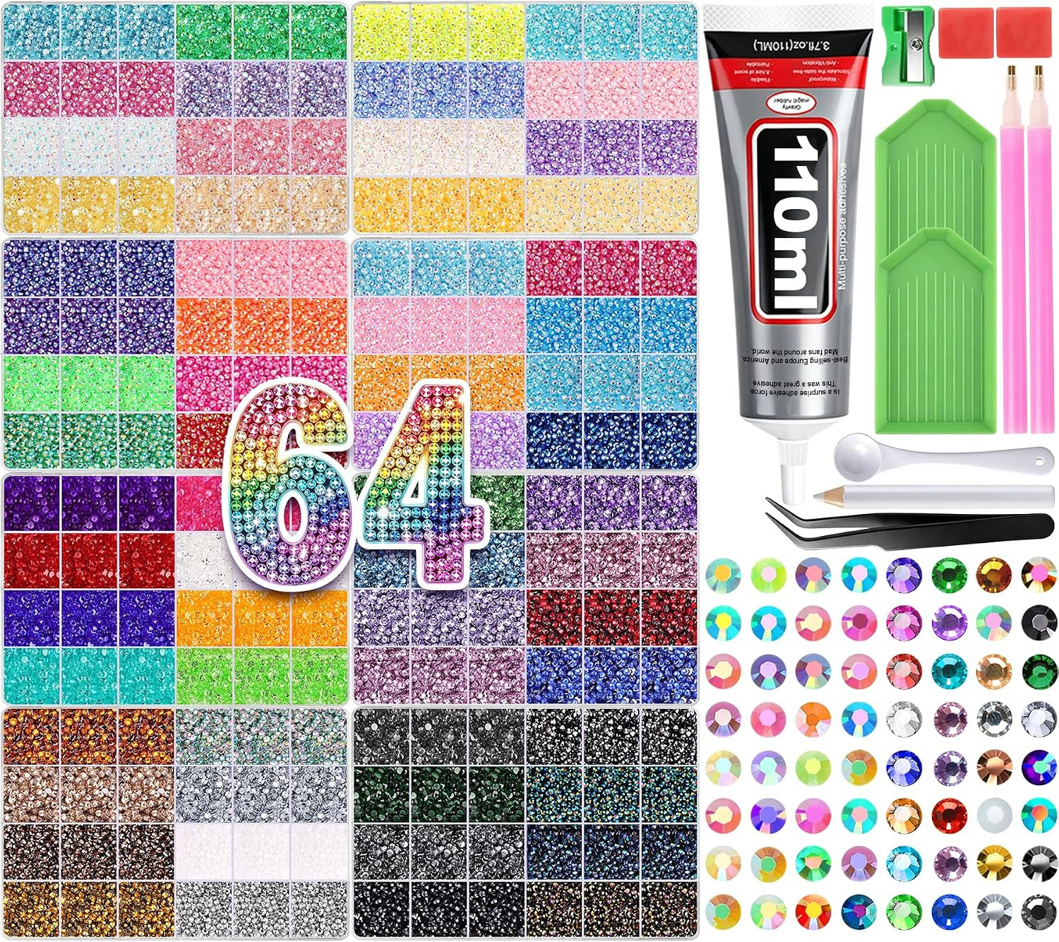 140000Pcs Bedazzling Kit with Rhinestones 64 Colors, 3Mm Flatback Gems with Jewe