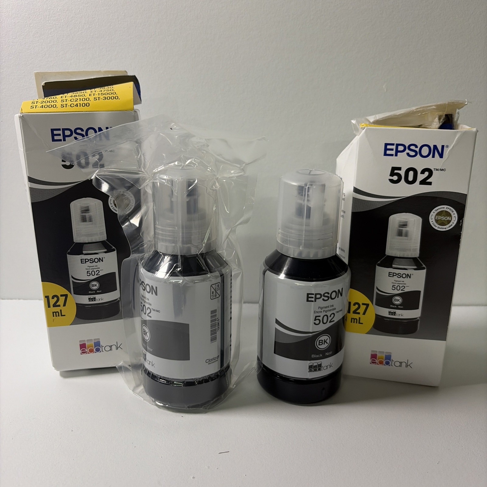 2 X EPSON 502 Ink Bottle ( 127ml ) Black - Genuine (1 Sealed 1 Open)