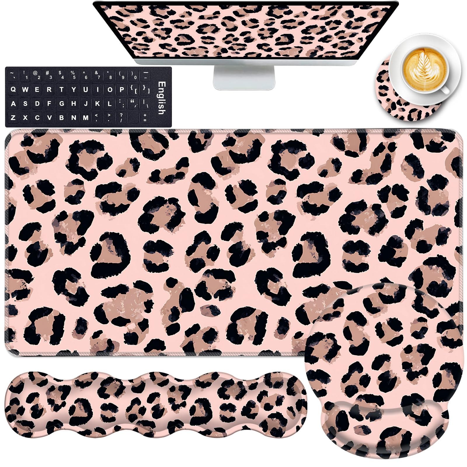 CICPLKSE Mouse Pad,Large Pink Desk Mat, 4in1 XXL Mousepad + Keyboard Wrist Re...