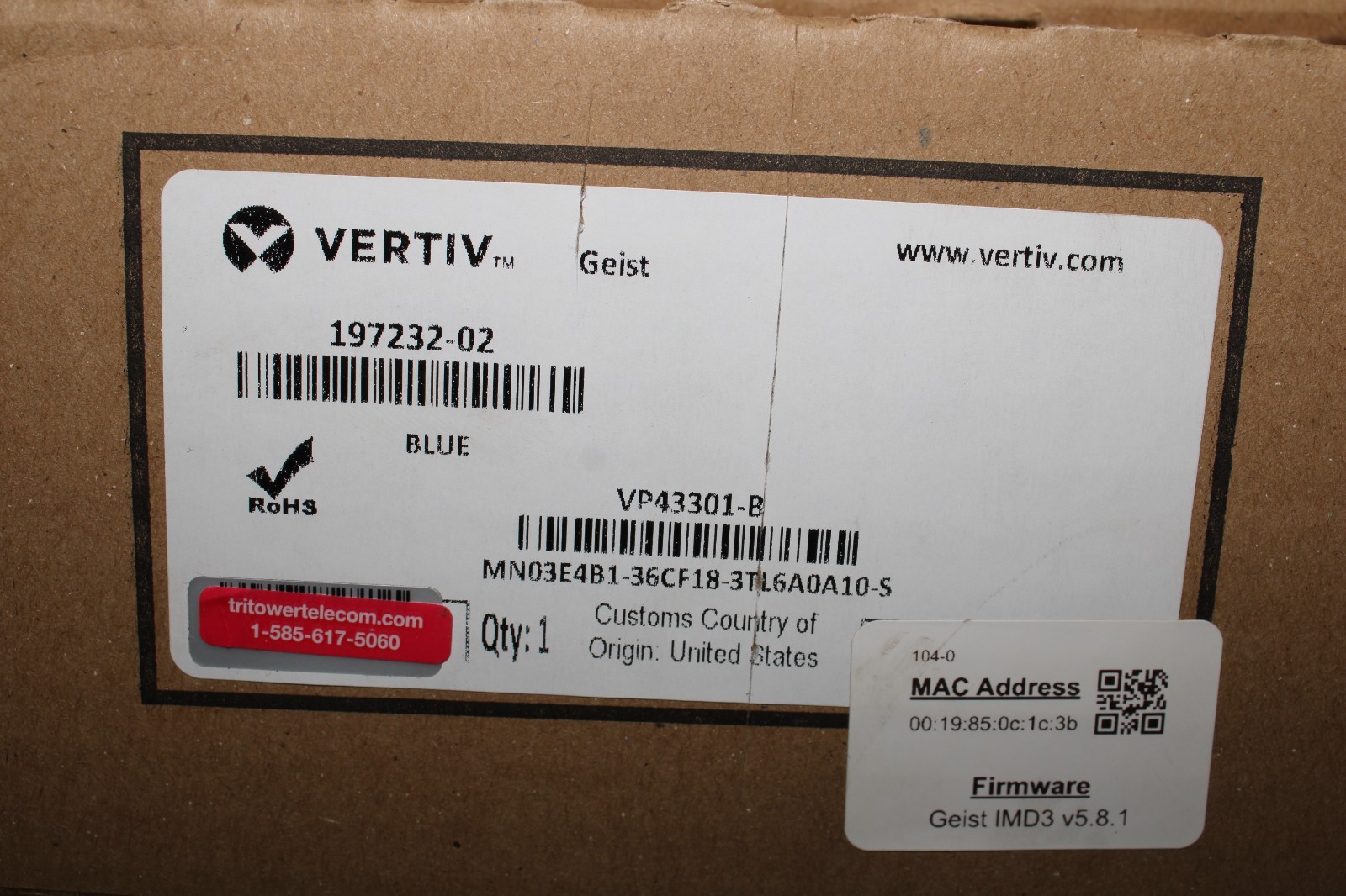 VP43301-B, VERTIV, rPDU, Monitored Unit Level EC, 30A, 208V, 4.9kW, Vertical, (3
