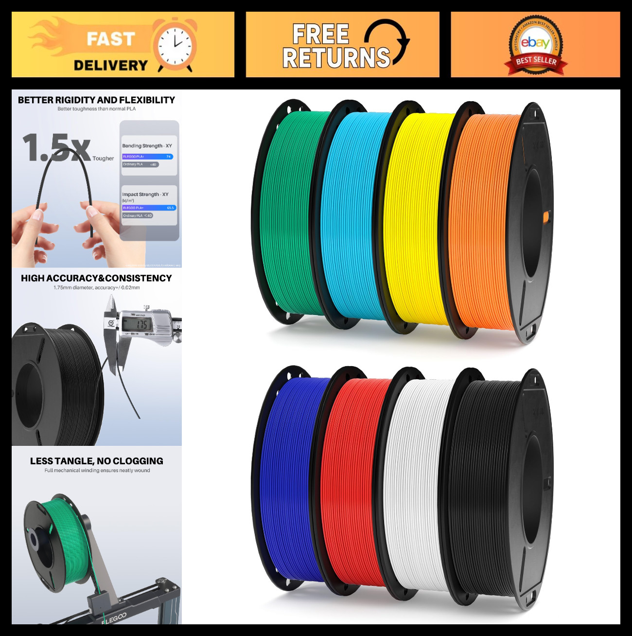 250g PLA Plus 3D Printer Filament Bundle - 8 Colors, 1.75mm, High Accuracy, 8 Pa
