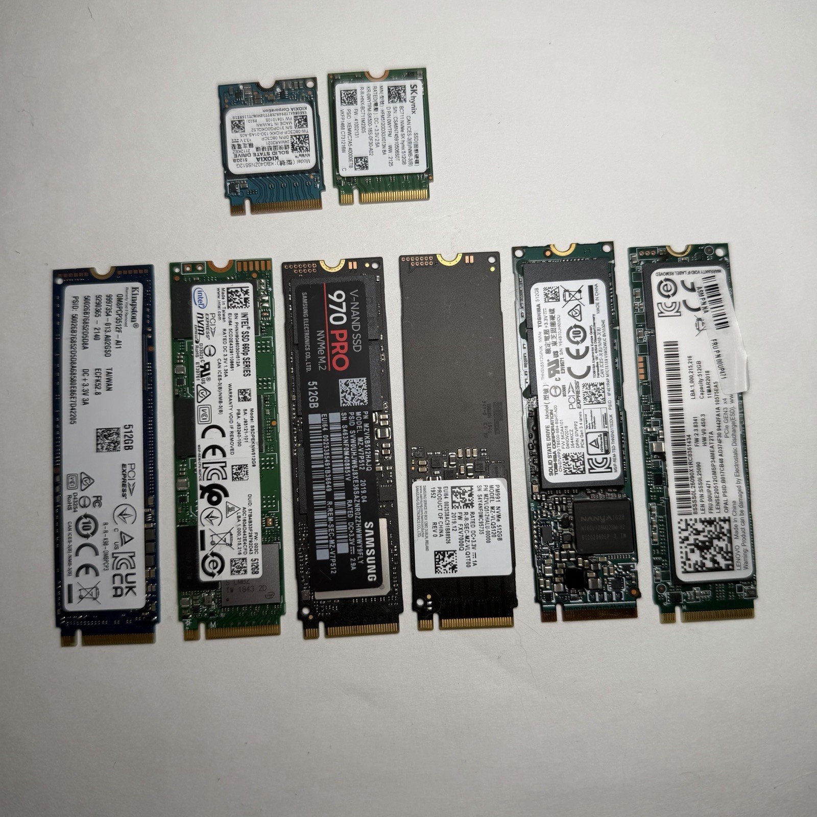 Lot of 8 Mixed M.2 SSDs 512GB Samsung 970 Pro Intel Kingston SK Hynix NVMe