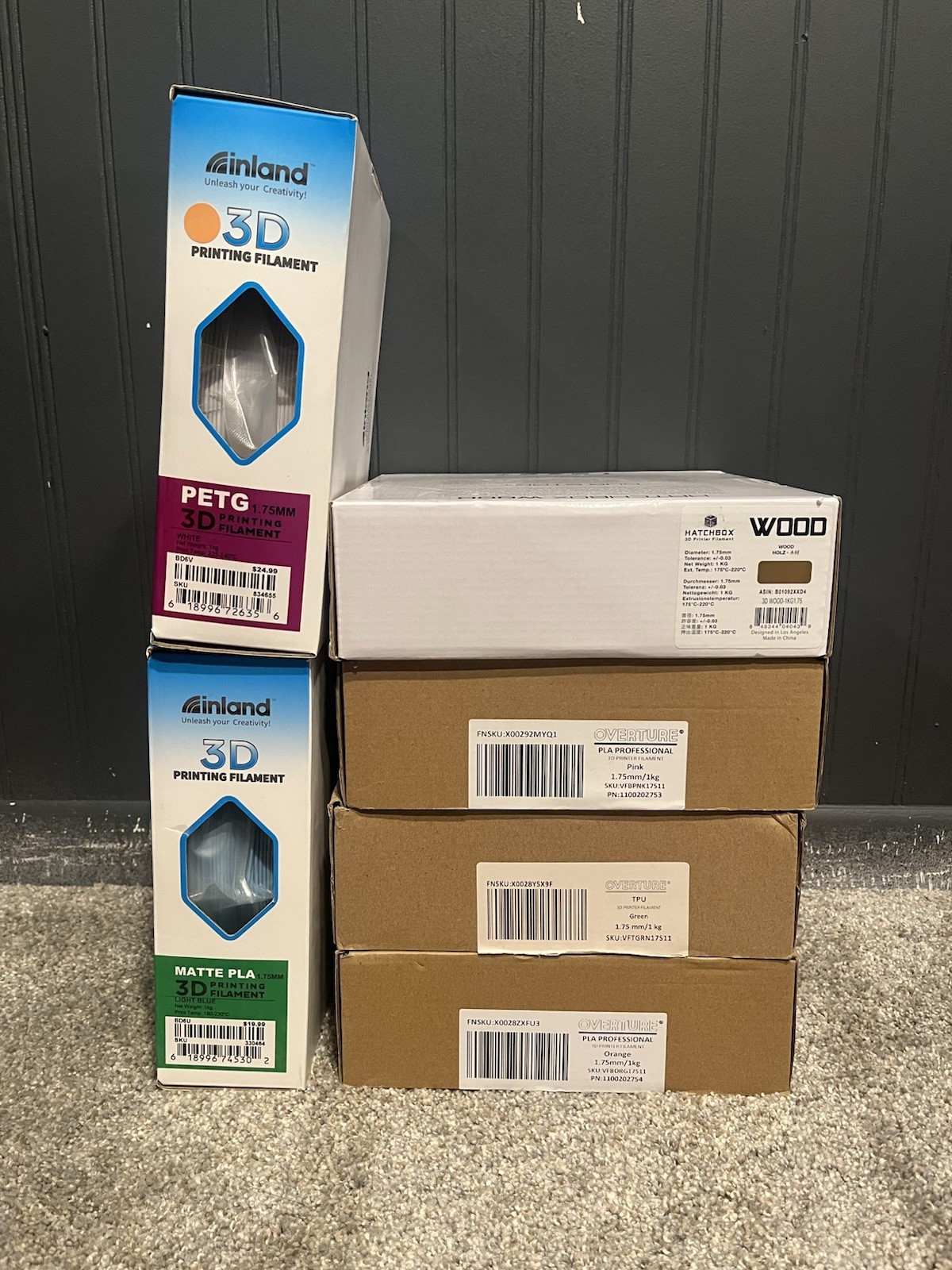 Assorted 3D Printer Filament-Overture Inland Hatchbox. Lot of 6. TPU PLA PETG