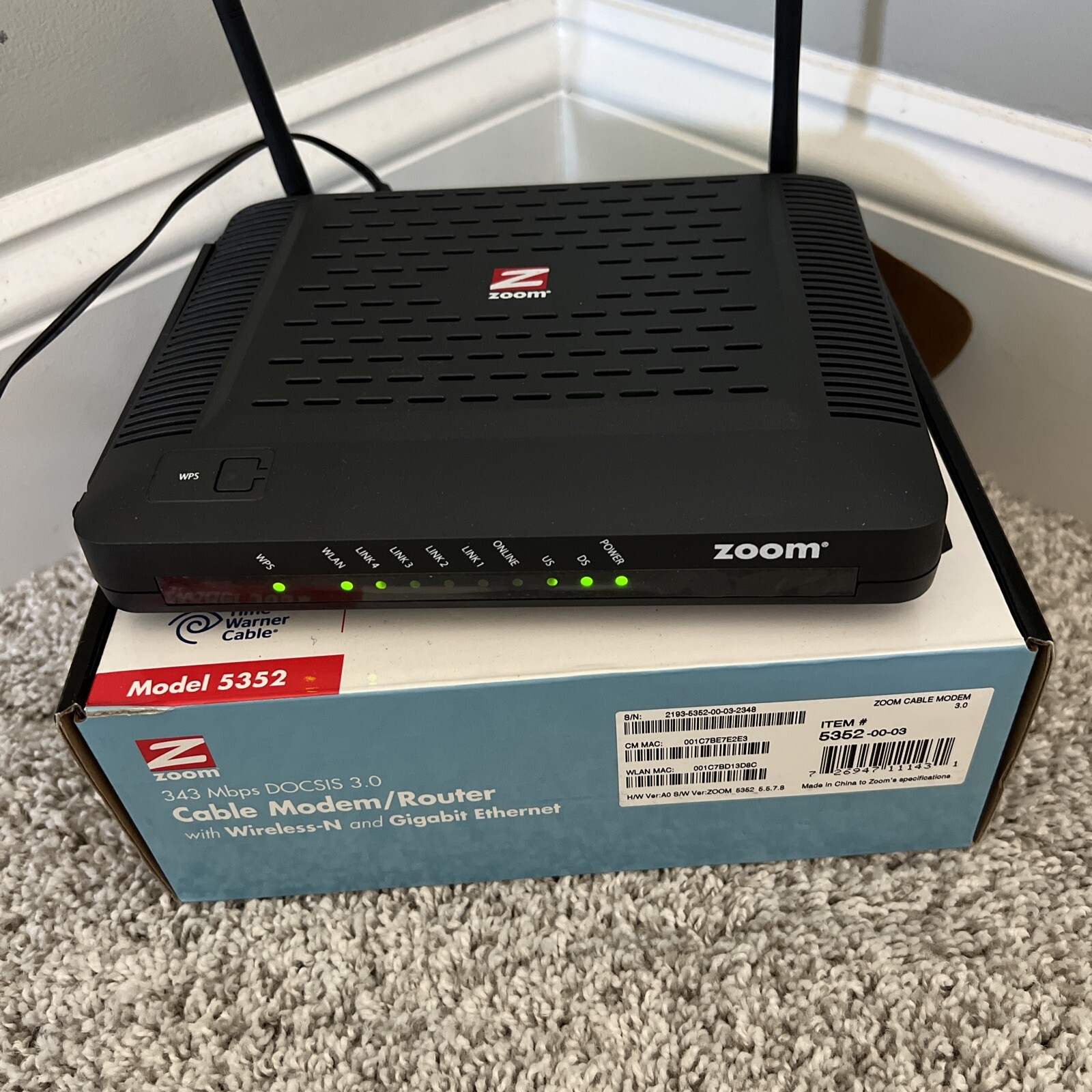 1C Zoom Model 5352 DOCSIS 3.0 Cable Modem Router Wireless N and Gigabit Ethernet