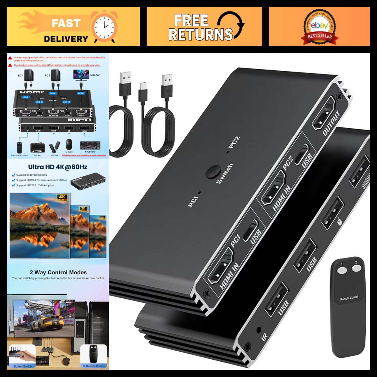 4K 60Hz HDMI KVM Switch 2x1 USB Selector for PC Laptop, 4-Port USB Hub, Monitor,