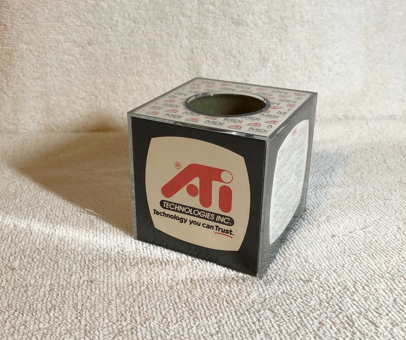 VINTAGE ATI Technologies Inc. Calendar Desk Pen Holder Plastic Cube 1988
