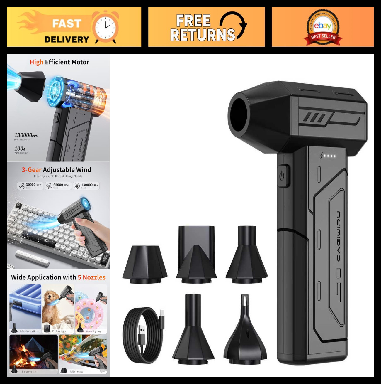 High-Power Cordless Compressed Air Duster, 130K RPM, Rechargeable Blower, LED Li