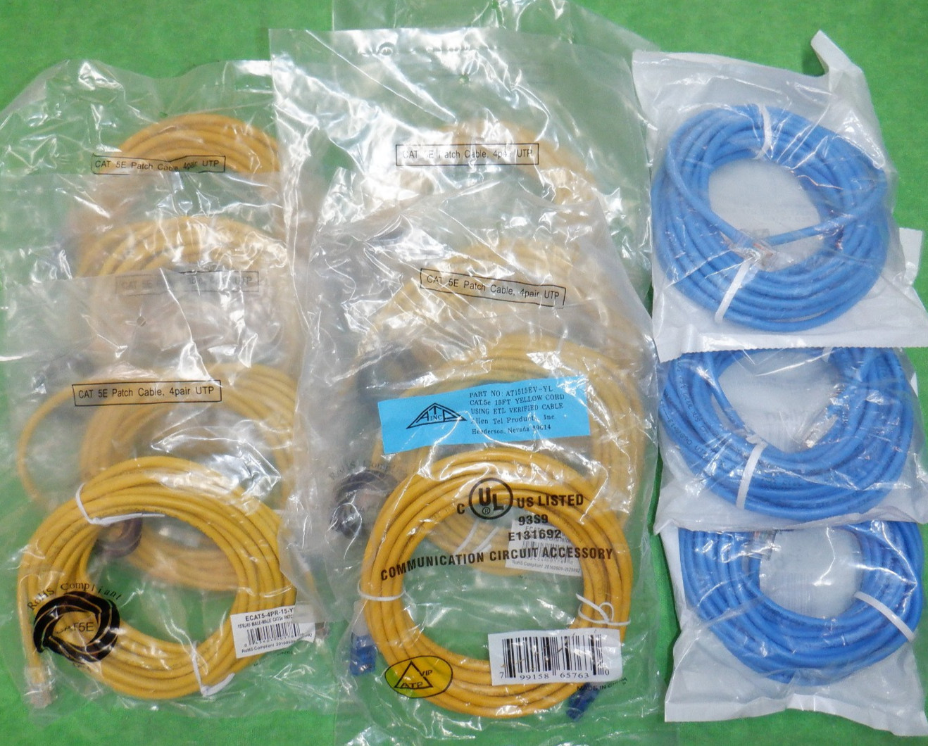 CAT 5E ETHERNET PATCH CABLE 7/20' BLUE+8/15' YELLOW RJ45    NEW     LOT OF 11