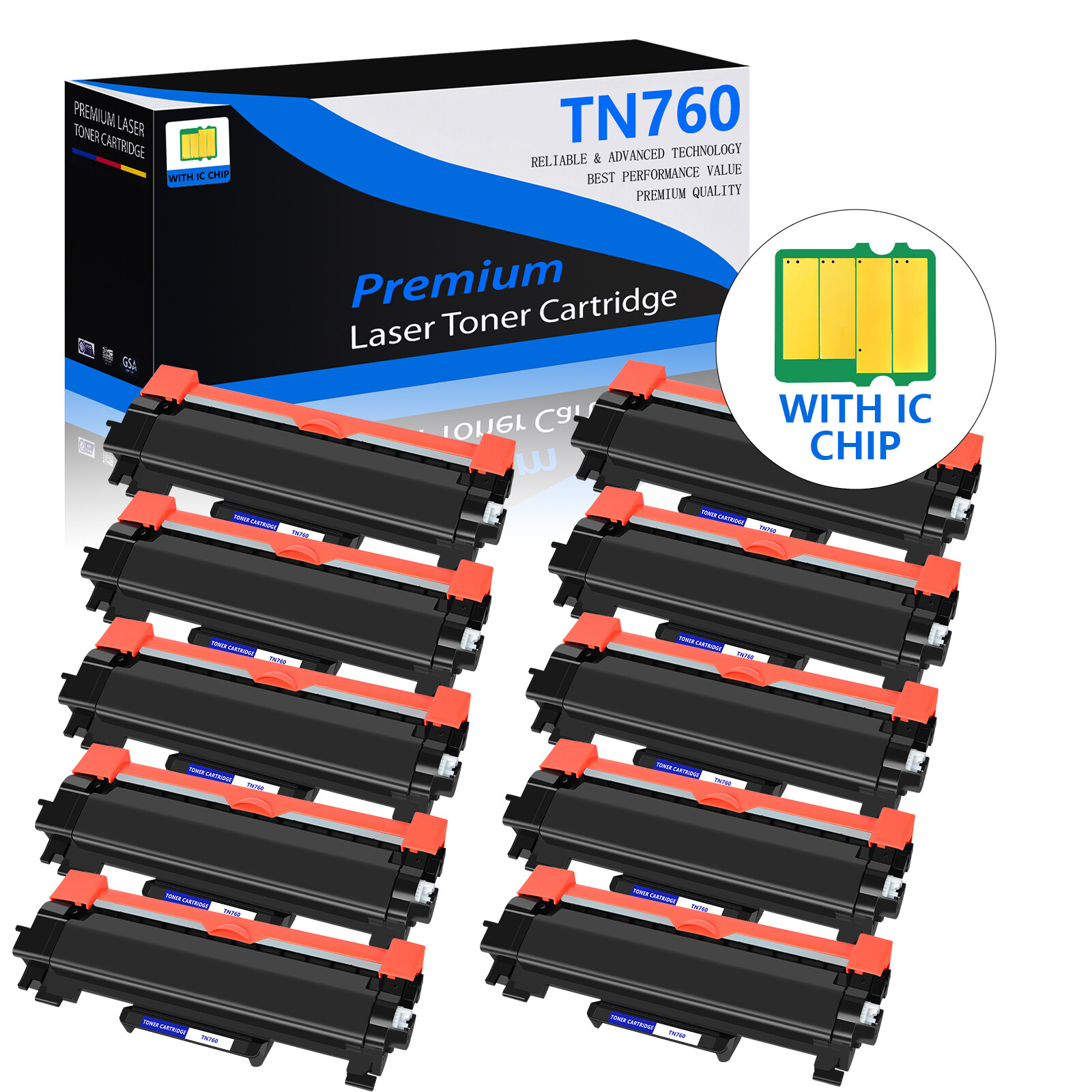 10PK TN760 Black Toner Cartridge For Brother DCP-L2550DW HL-L2390DW With Chip