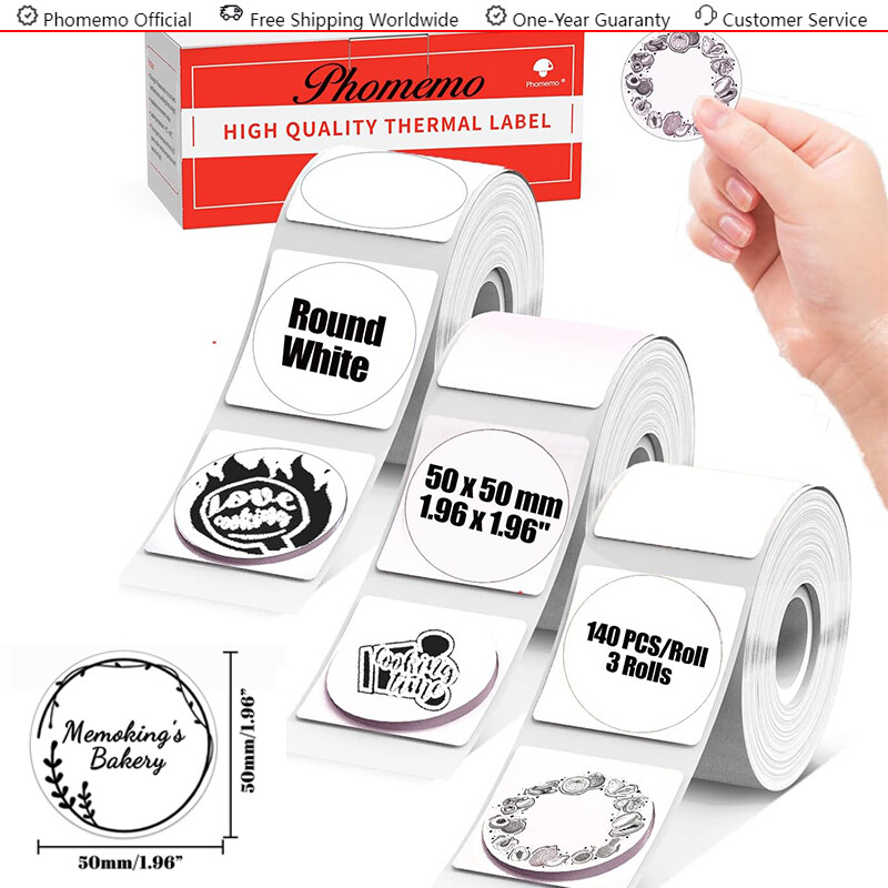 3-ROLL Phomemo White Round/Circle Thermal Label Paper 50x50mm for M200/M220/M221