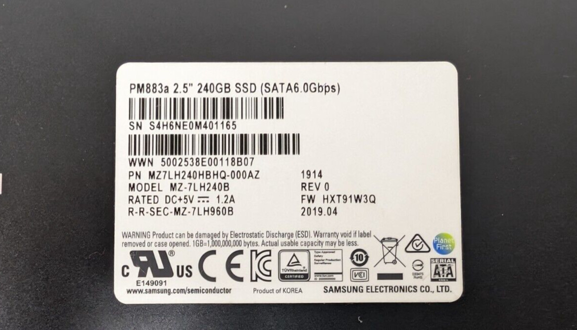 USED, Samsung, MZ7LH240HBHQ-000AZ, 240GB SSD 2.5 INCH SATA PM883a 6Gb/s SED