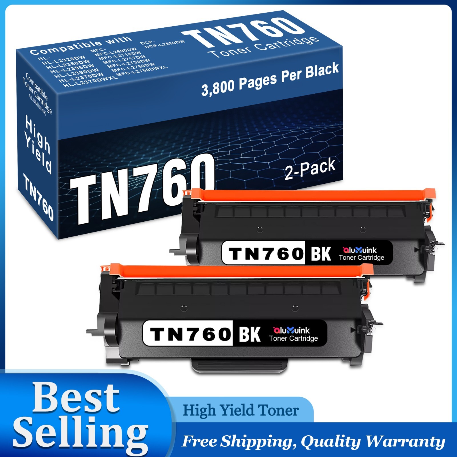 2PK TN760 Toner for Brother Printer MFC-L2710DW HL-L2395DW HL-L2325DW Black