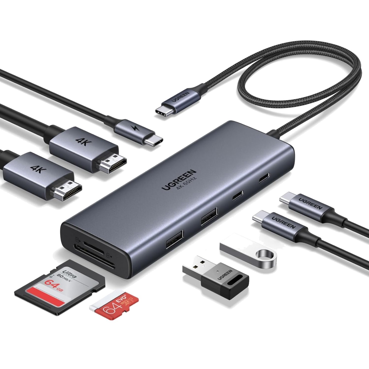 Lightweight 9-in-1 USB C Dock - Dual 4K HDMI, Fast Data Transfer, Silver Finish