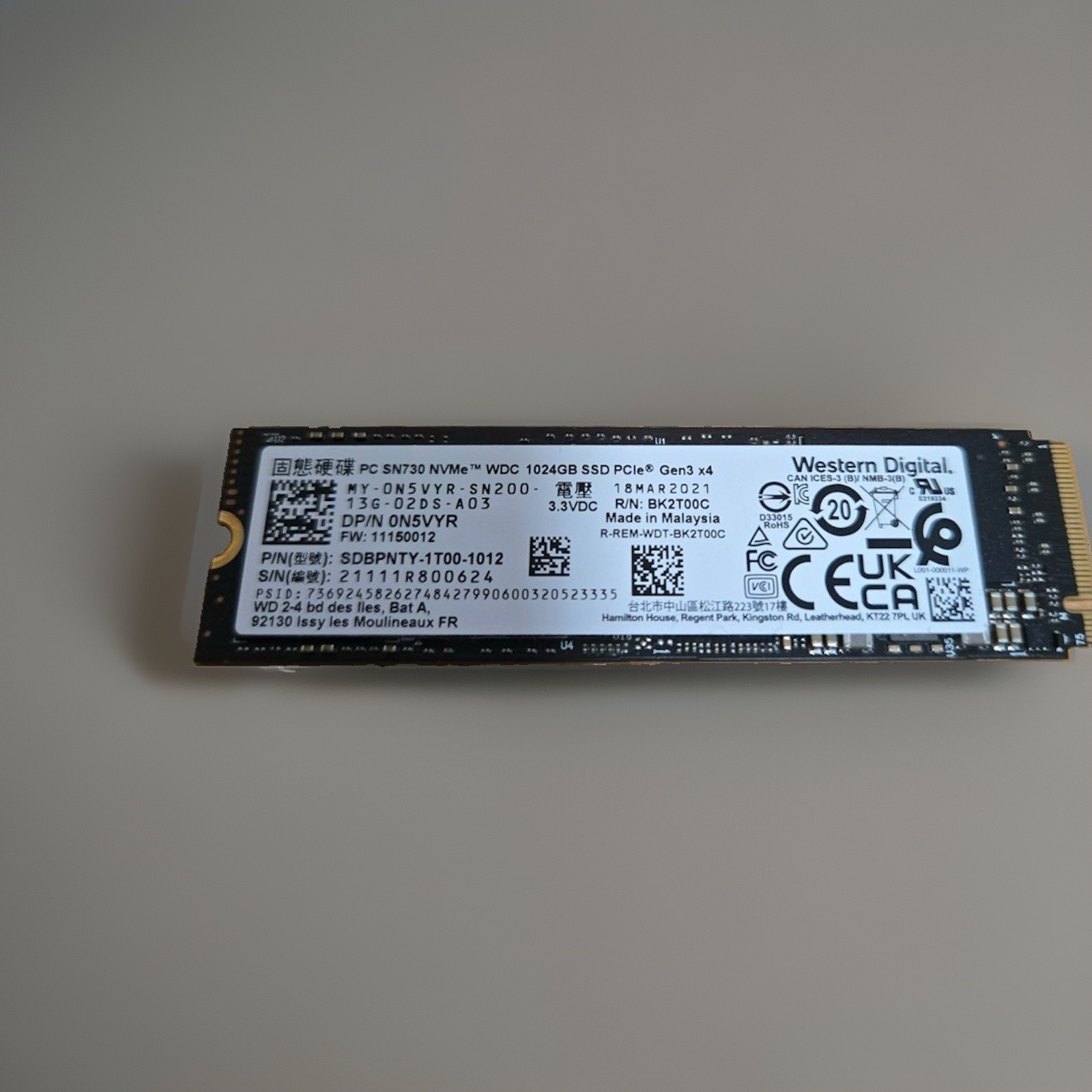 Western Digital 1TB SSD, PC SN730 NVMe PCIe Gen3 x4 M.2 2280