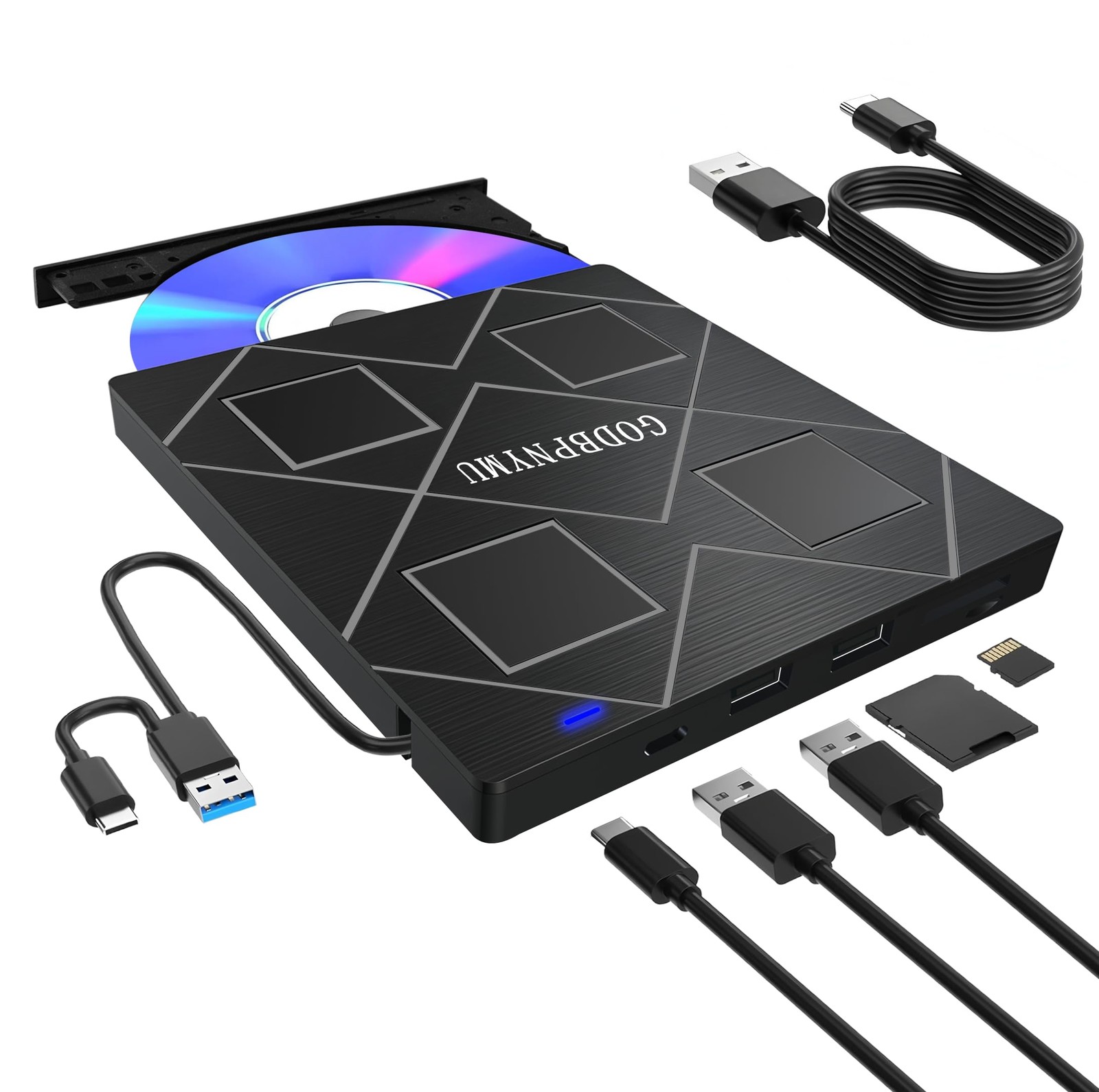 5-in-1 Extemal CD/DVD Drive for Laptop,USB 3.0 & Type-C Portable CD/DvD black