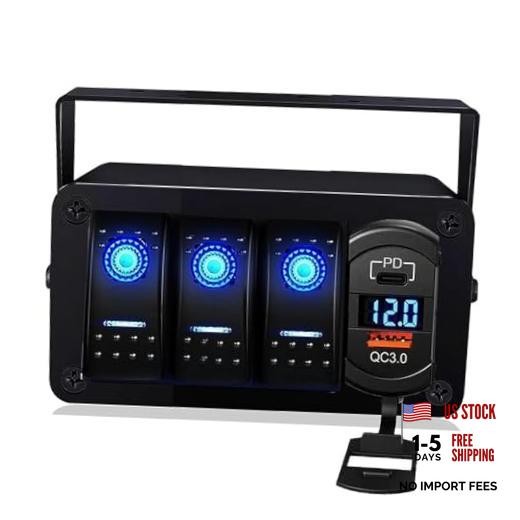 3-Gang Rocker Switch Box - 12V SPST ON/Off, PD Type C & QC 3.0 USB 3 Gang