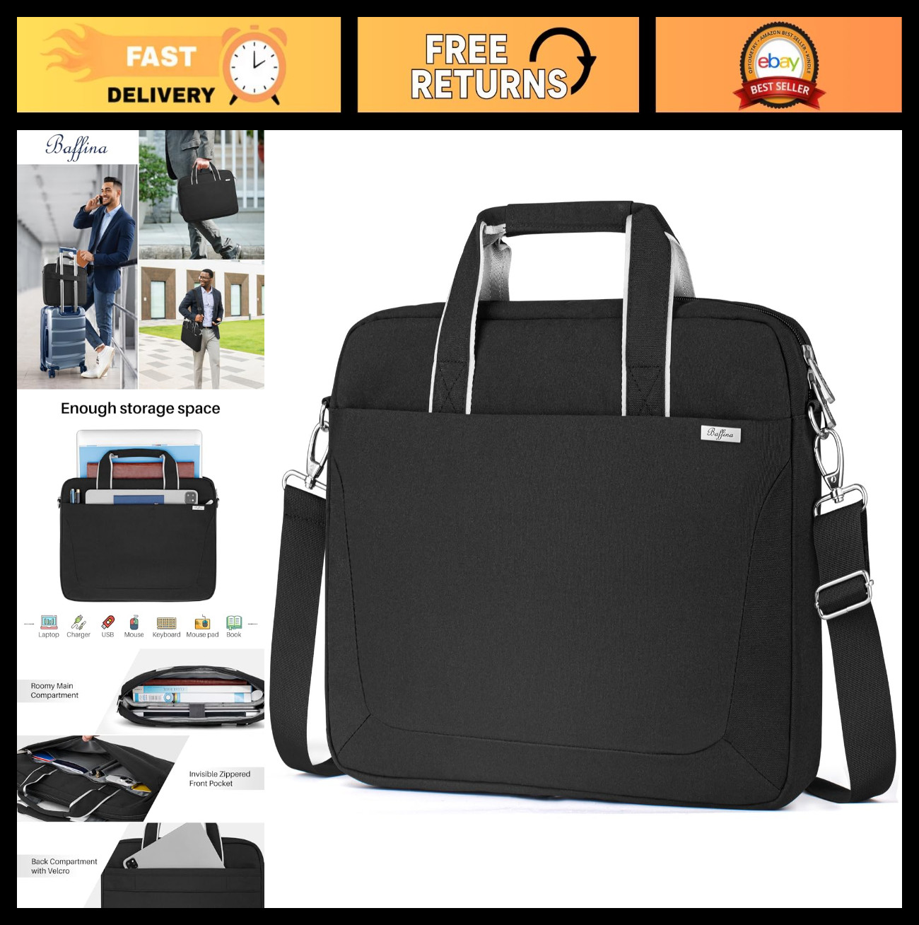 Waterproof 17-18 Inch Laptop Shoulder Bag, Messenger Case for Men & Women, Black