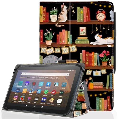 Universal 11 12 Inch Android Tablet Case - Slim Folding Stand Bookshelf Cat