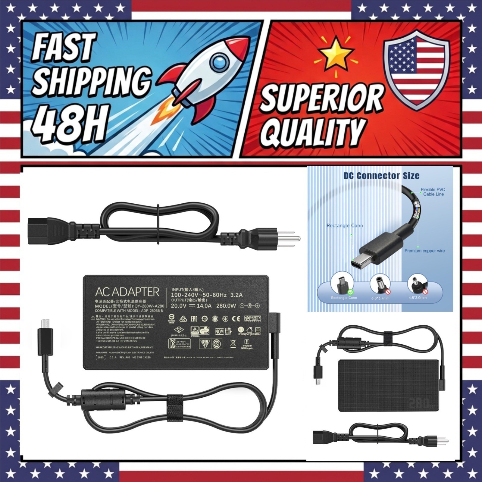 280W Laptop Charger for ASUS ROG Strix G18 G16 TUF Gaming Zephyrus 20V 14A