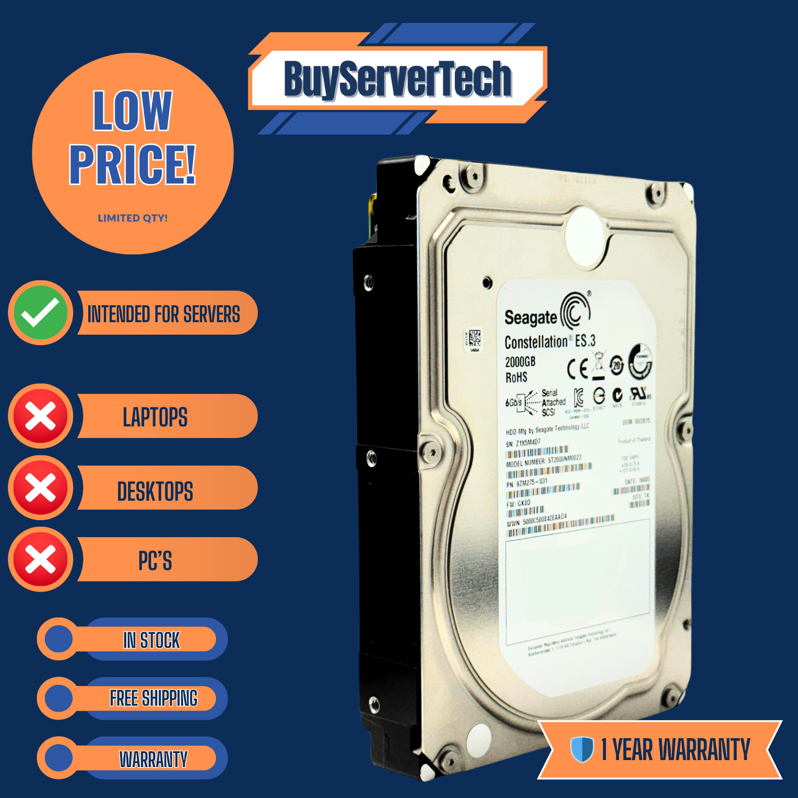 Seagate ST3000NM0023 3TB 7200RPM 6Gb/s SAS 3.5" HDD | Constellation ES.3 | 1 Yr