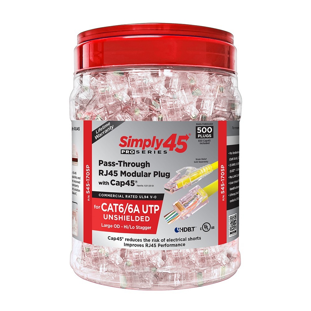 Simply45 ProSeries Cat6a PassThrough RJ45 Modular Plugs/Cap45 500PK - S45-1705P