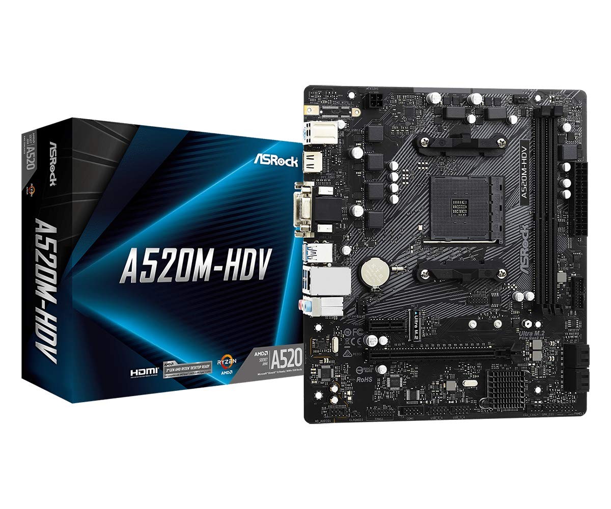 Asrock A520M-HDV, AMD A520, AM4, Micro ATX, 2 DDR4, VGA, DVI, HDMI, M.2 Supports