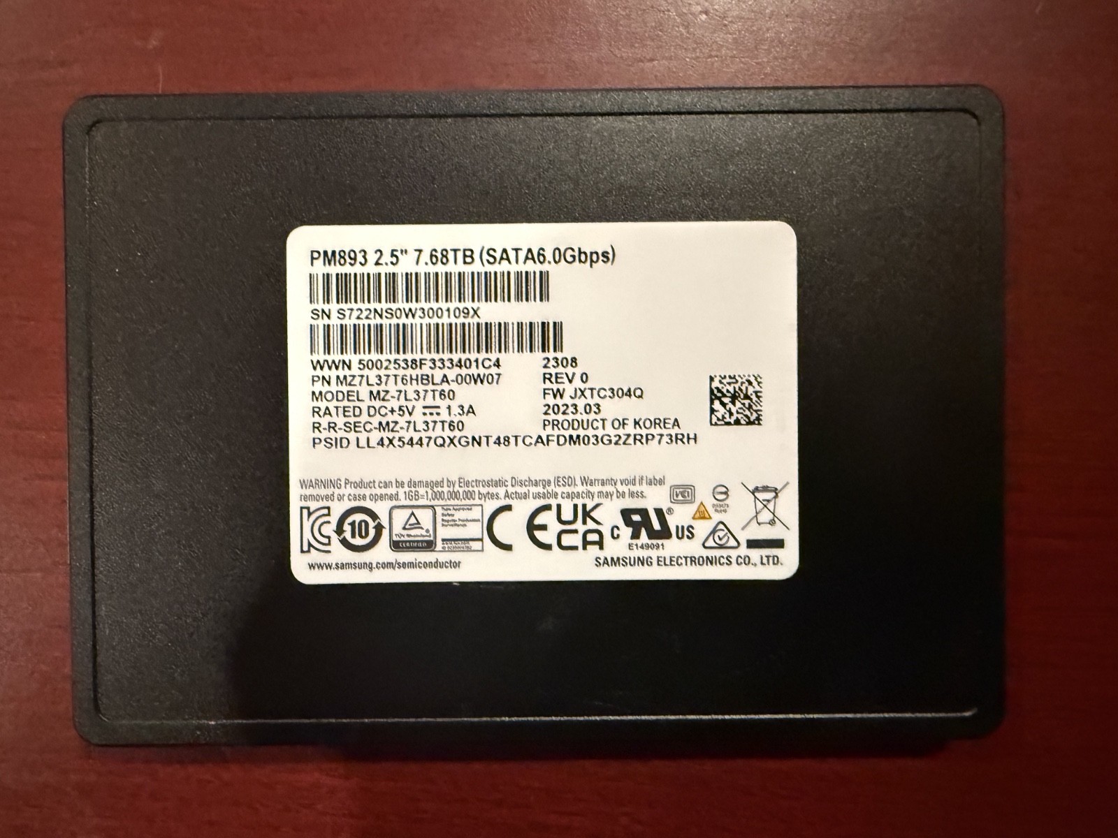 Samsung PM893 7.68TB 2.5" SATA Enterprise SSD – Low Hours, Clean, Personal Use