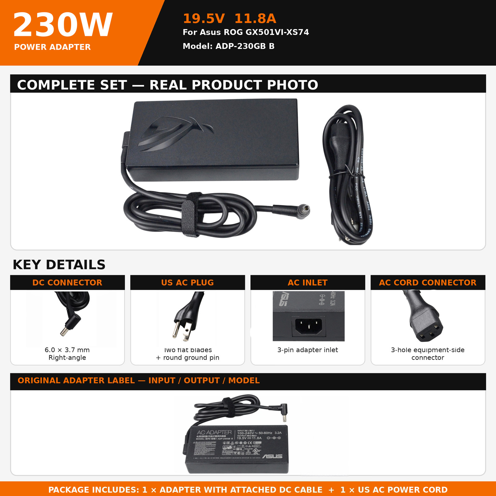 230W AC Power Adapter ADP-230GB B for ASUS ROG Zephyrus GX501VI GX501VS GX501GI