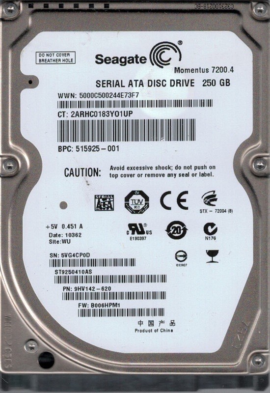 Seagate ST9250410AS P/N: 9HV142-620 F/W: B006HPM1 250GB WU
