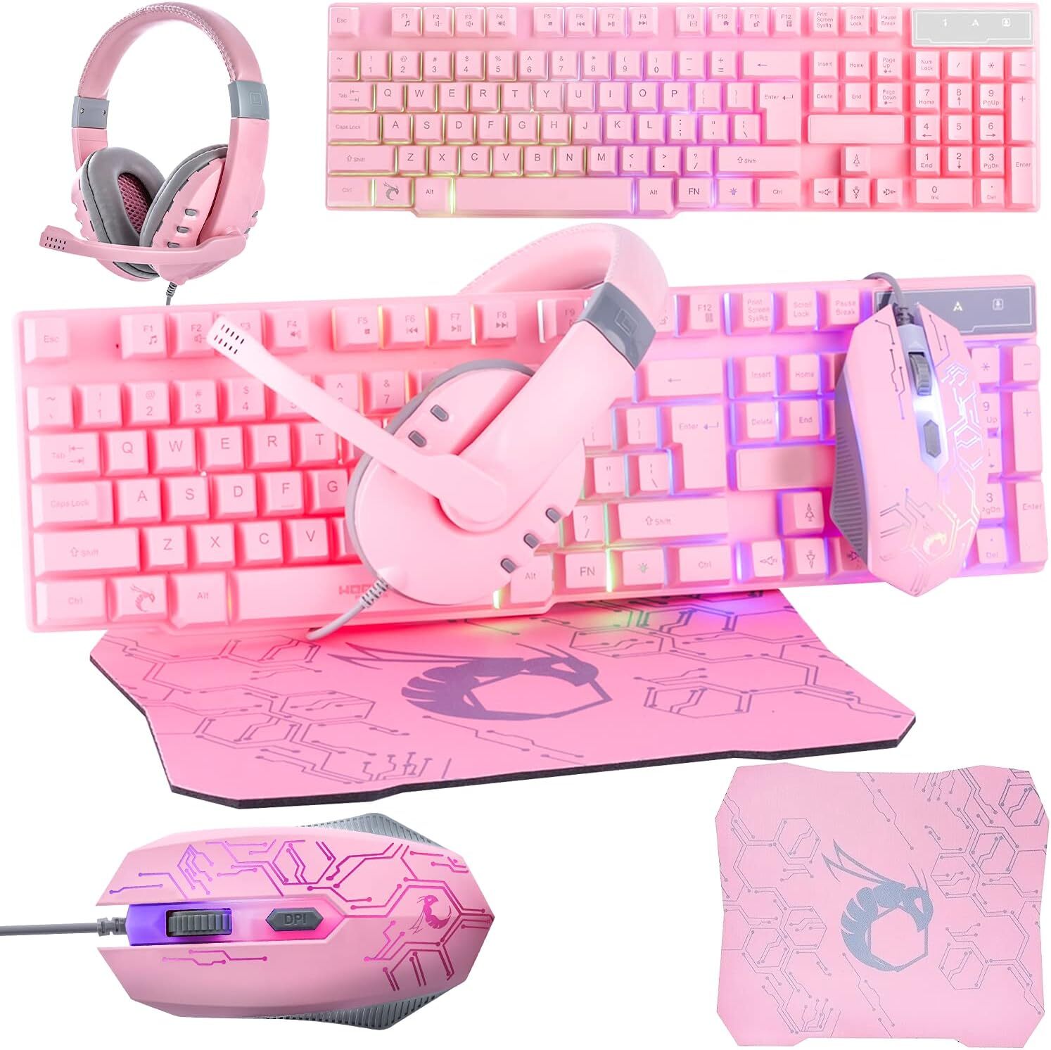 Pink Gaming Keyboard Mouse Headset Mat Set Rgb Light Up Accessories Gift Box