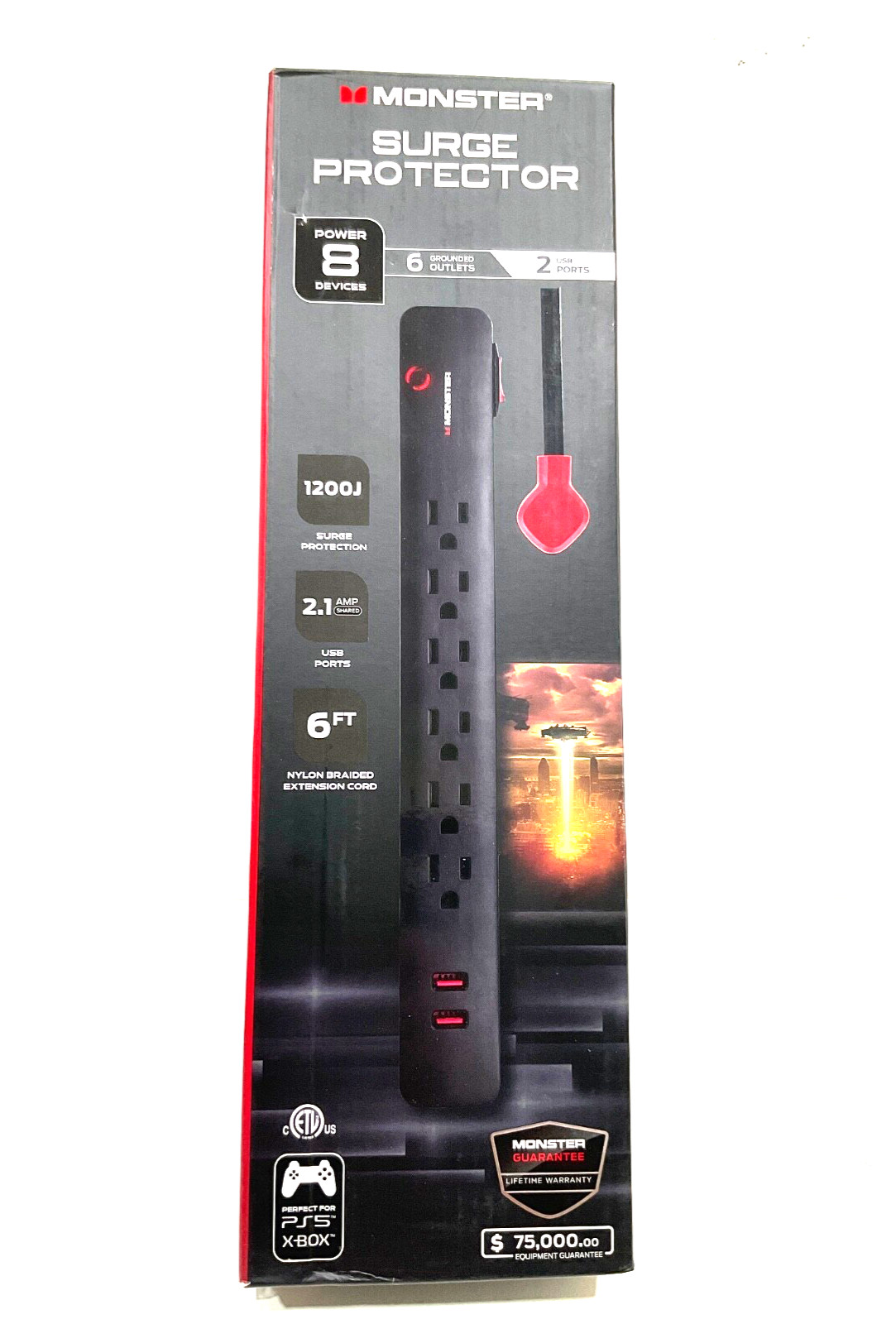 MONSTER SURGE PROTECTOR 6 GROUNDED OUTLET and 2 USB ports 1200 J 6 FT EXT cord