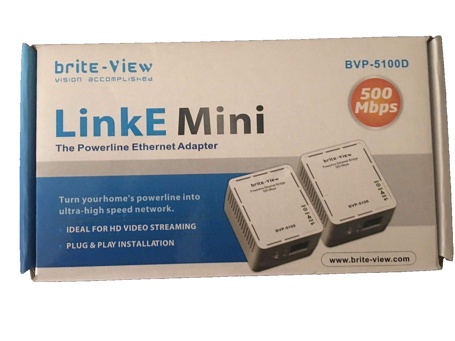 Brite-View LinkE Mini 500 Mbps Powerline Ethernet Adapter BVP-5100D New