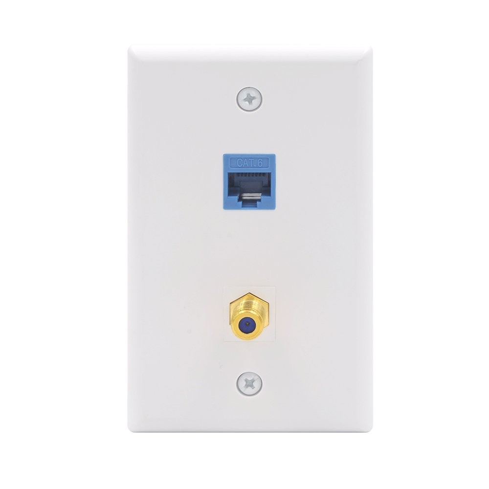 Ethernet Coax Wall Plate 2 Port Cat6 RG6 Jack Outlet Panel