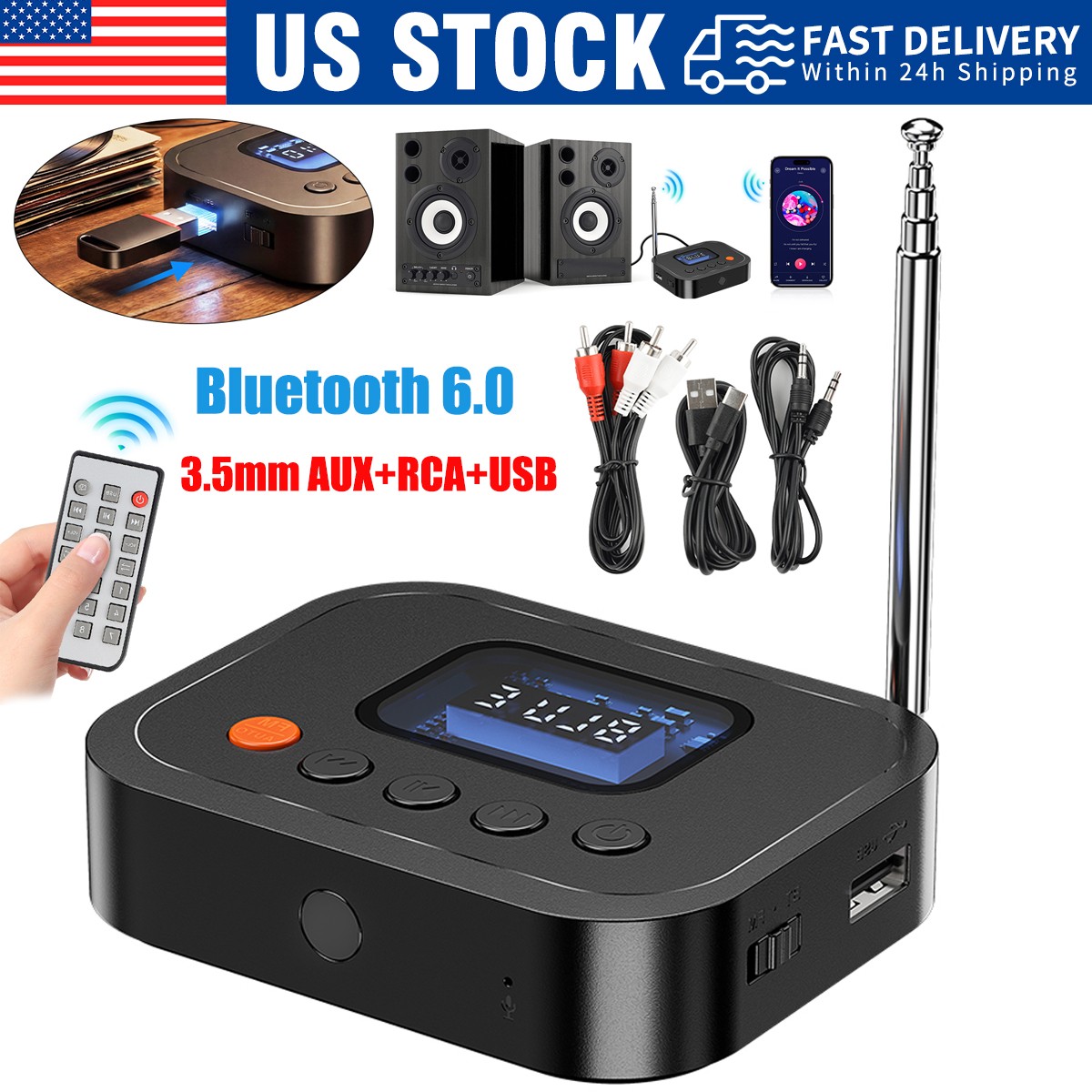 Bluetooth Receiver Transmitter Wireless 3.5mm for NFC AUX to 2 RCA Audio Adapter