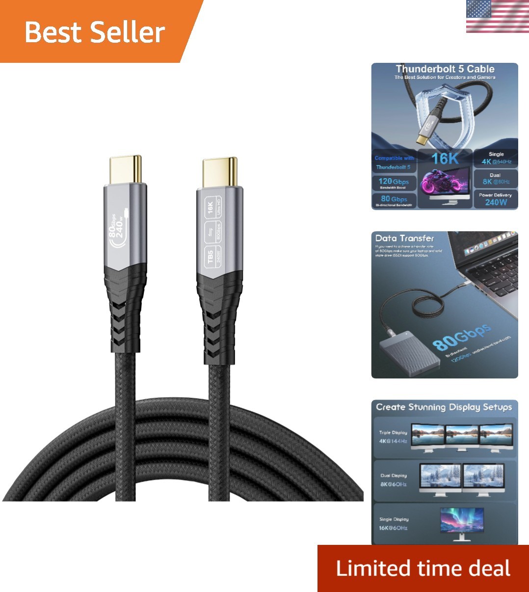 High-Speed USB-C Data Cable 80Gbps, 10FT for Thunderbolt 5, 16K Dual Display