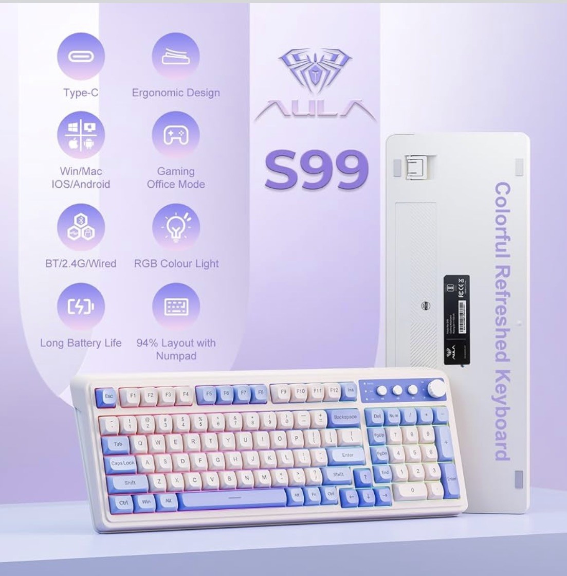 [READ DESC] Aula S99 Keyboard, Bluetooth & USB-C Gaming Keyboard Gradient Purple