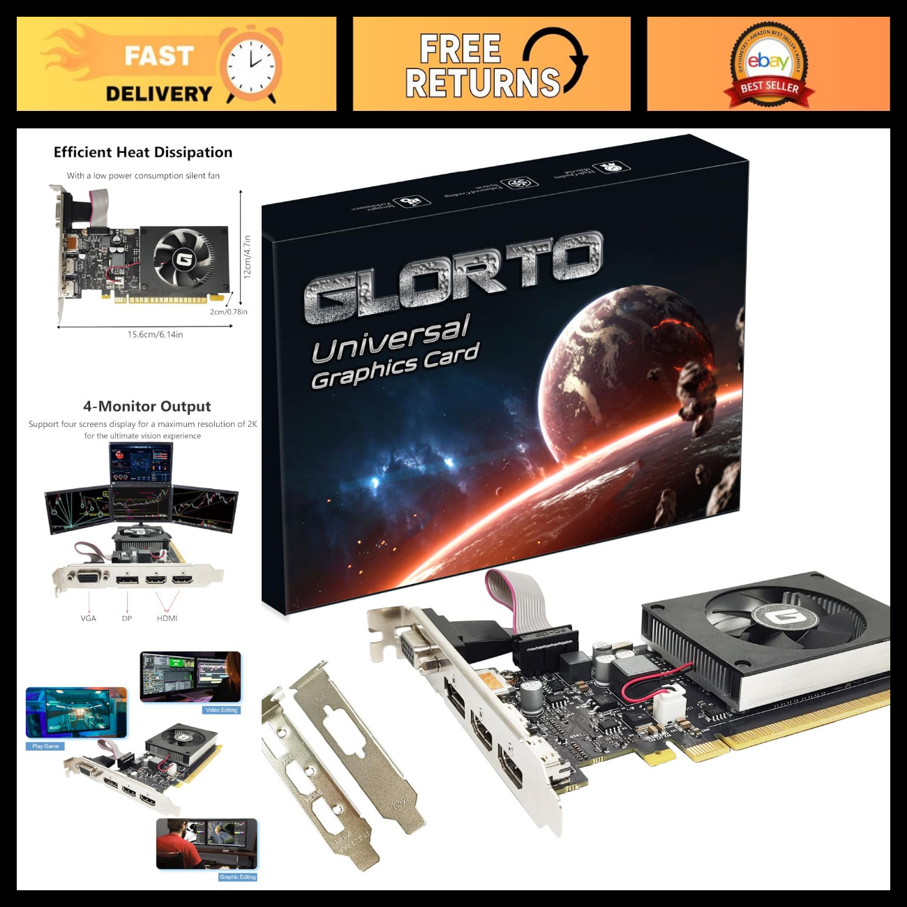 Low Profile 4GB Graphics Card, 2x HDMI, DP, VGA, DDR3, PCIe 2.0, Entry-Level GPU