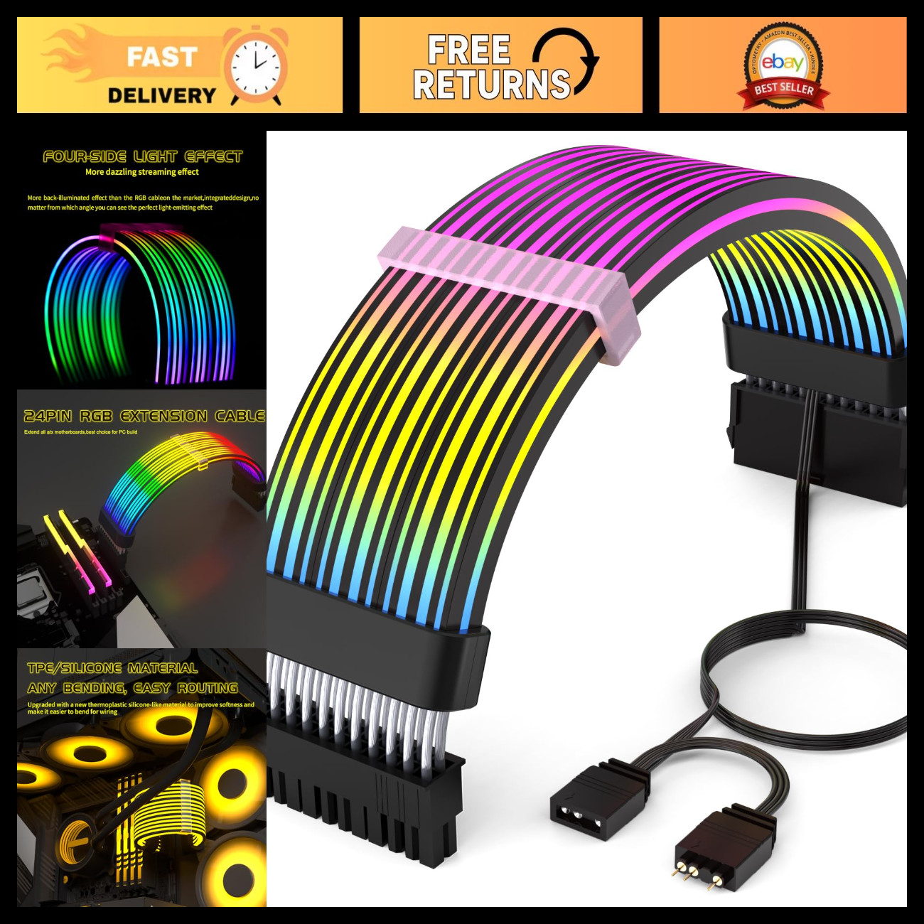 24Pin RGB PSU Cable Extension - 4-Side Black, 5V 3Pin Motherboard Sync