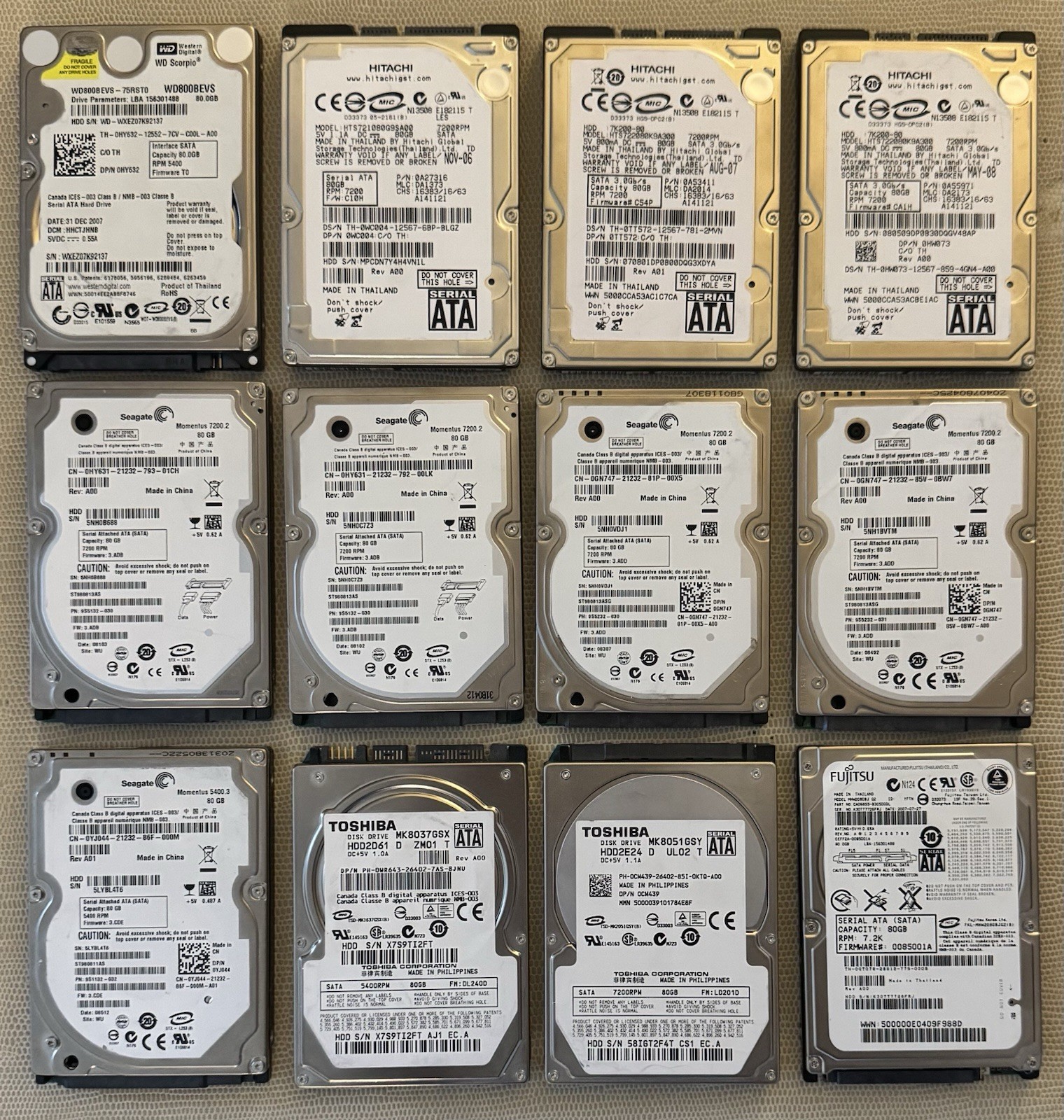 Lot Of (12) Good Working 2.5” 80GB SATA Laptop HDDs - Seagate Toshiba Hitachi WD