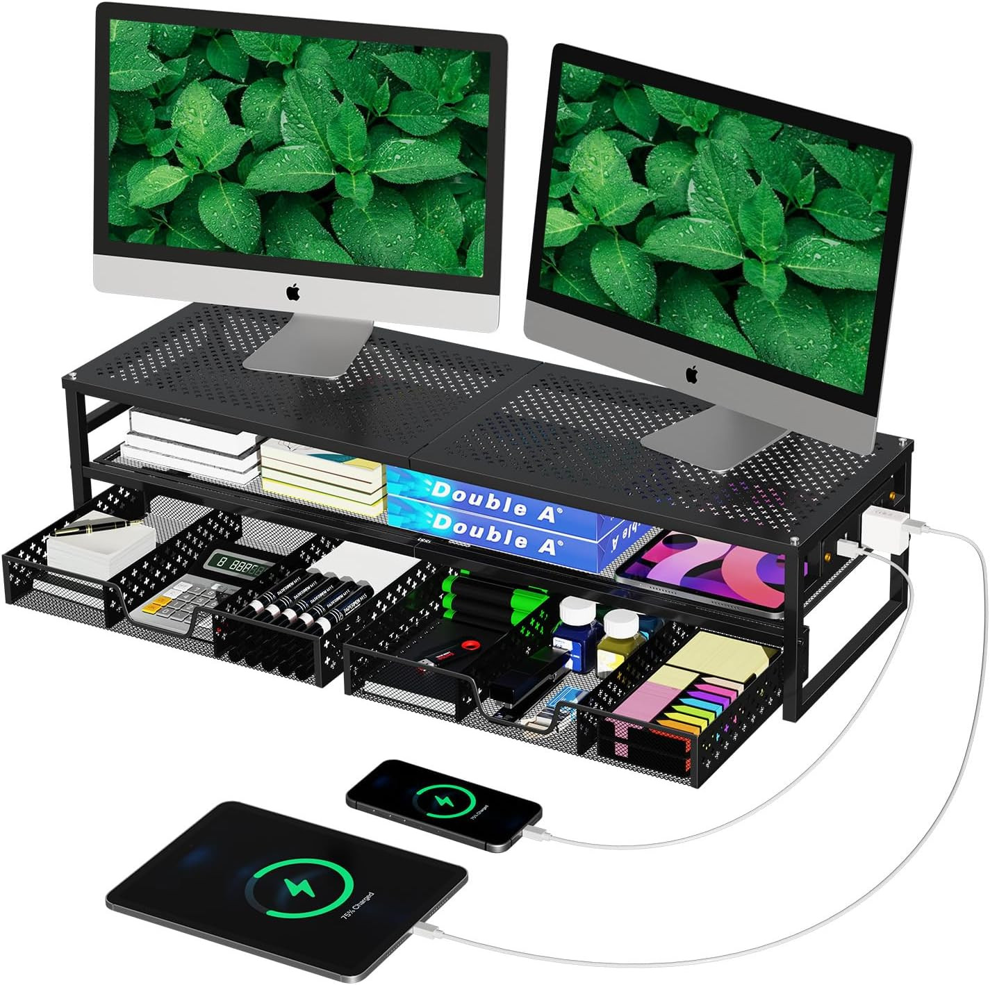 2-Tier Metal Dual Monitor Stand with USB & 2 Drawers, Black