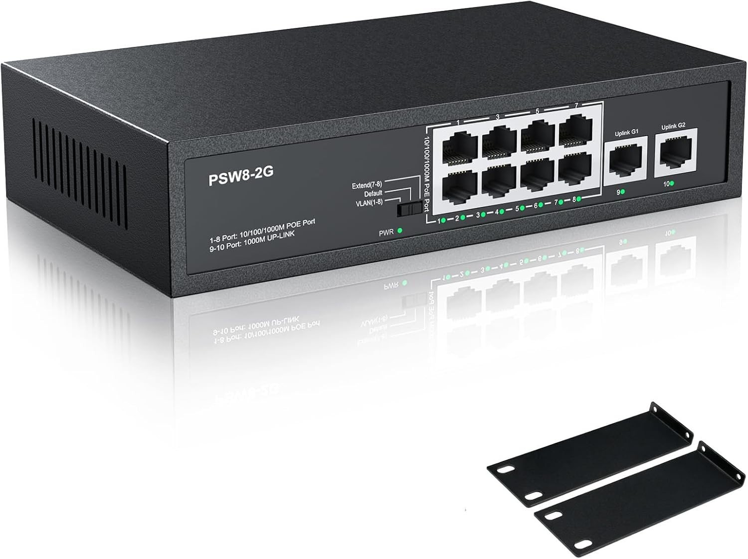 8 Port Gigabit PoE Switch w/ additional 2 Gig Uplink, Max Output 120W 803.af/at